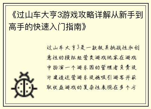 《过山车大亨3游戏攻略详解从新手到高手的快速入门指南》
