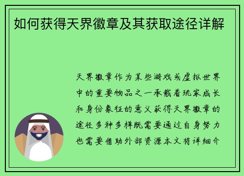 如何获得天界徽章及其获取途径详解